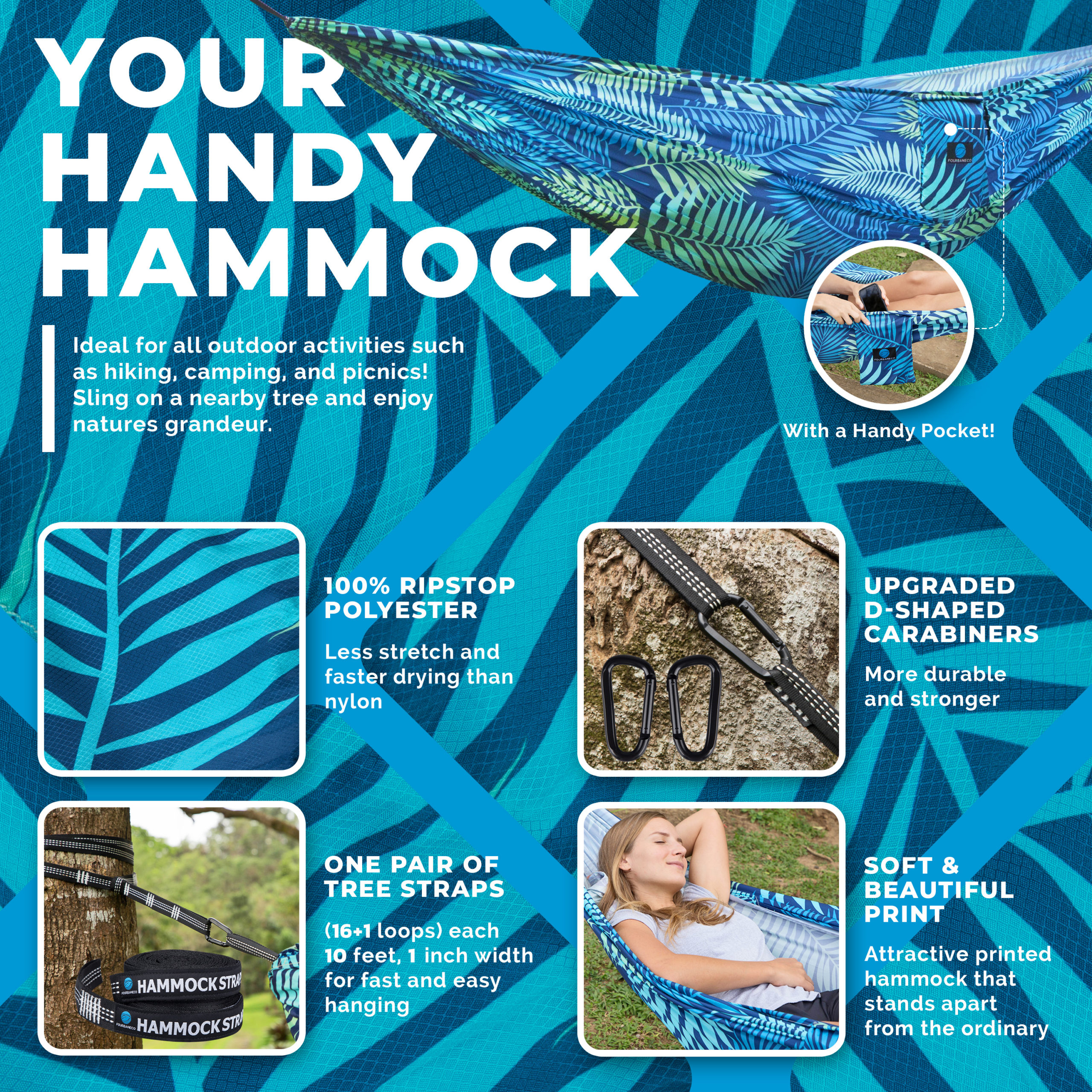 Outdoor, Travel Hammock Gear, Size Yard Hammocks Products Backpacking, Indoor, Hiking, – – Beach, 2 – Fourbaneco Travel, UrbanEco for Printed Garden, Serene Tree Portable Porch Camping Carabiners Lightweight Blue Straps, with Double