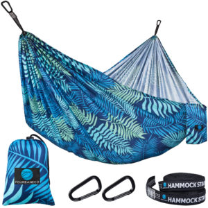 Fourbaneco Blue Leaves Double Camping Hammock Travel Size – Portable Lightweight Printed Hammocks with Tree Straps, 2 Carabiners – for Outdoor, Backpacking, Beach, Travel, Hiking, Yard Gear, Indoor, Garden, Porch