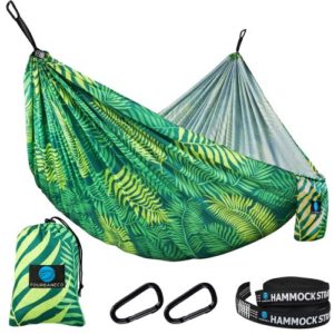 Fourbaneco Green Leaves Double Camping Hammock Travel Size – Portable Lightweight Printed Hammocks with Tree Straps, 2 Carabiners – for Outdoor, Backpacking, Beach, Travel, Hiking, Yard Gear, Indoor, Garden, Porch