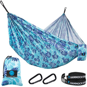 Fourbaneco Serene Blue Double Camping Hammock Travel Size – Portable Lightweight Printed Hammocks with Tree Straps, 2 Carabiners – for Outdoor, Backpacking, Beach, Travel, Hiking, Yard Gear, Indoor, Garden, Porch
